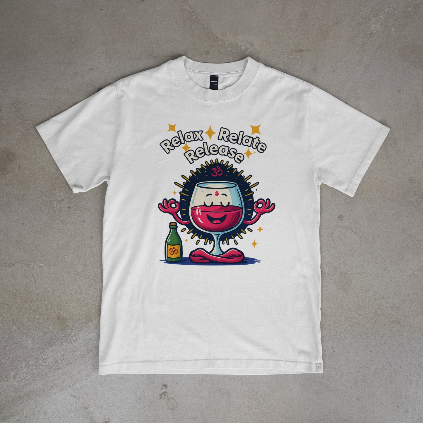 Relax, Relate, Release – Meditating Wine Glass Tee