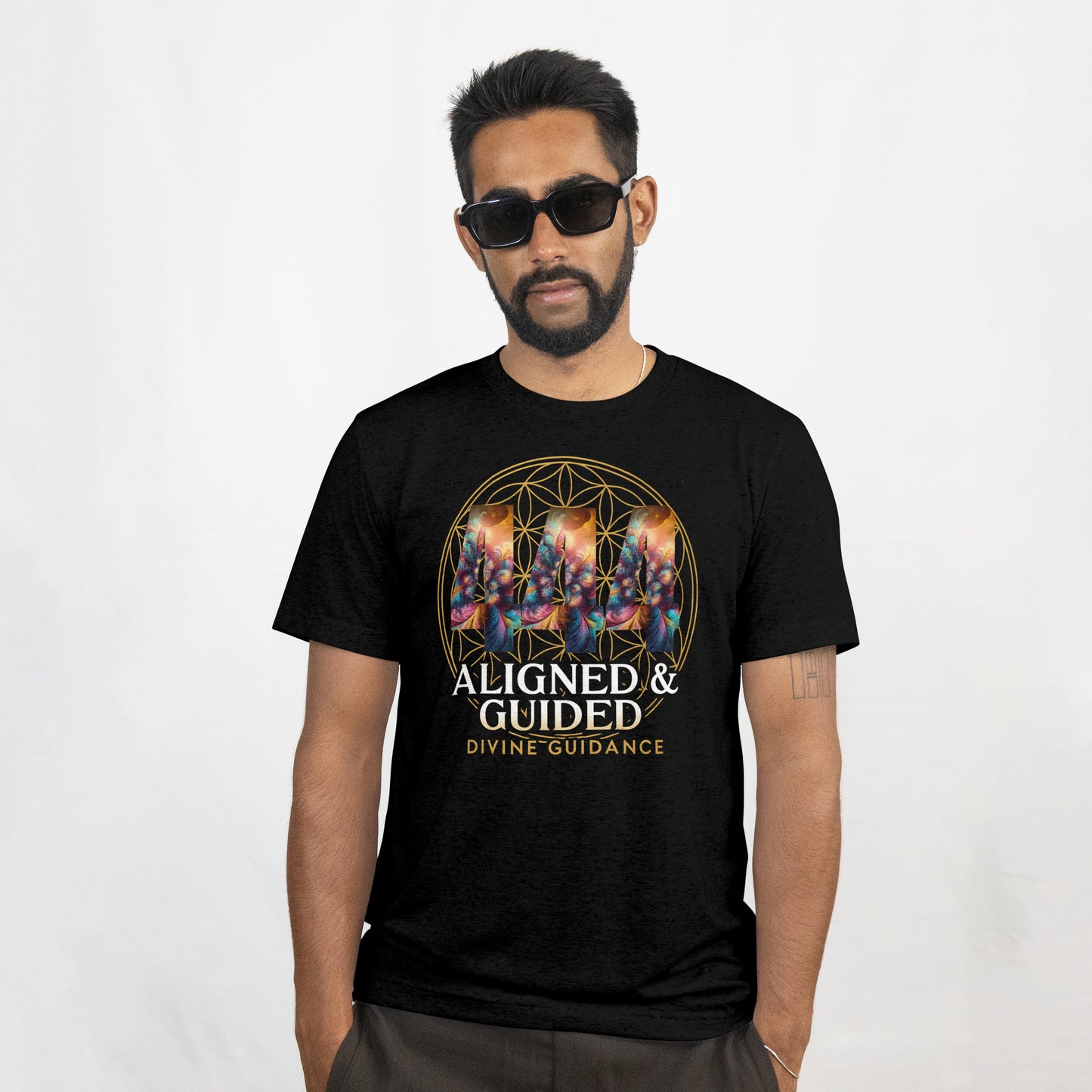 Aligned & Guided 444 Angel Number Unisex T-Shirt – Flower of Life Spiritual Design