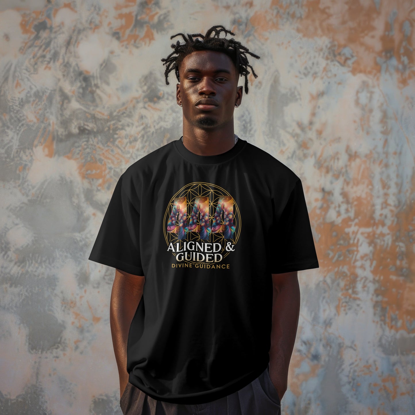 Aligned & Guided 444 Angel Number Unisex T-Shirt – Flower of Life Spiritual Design