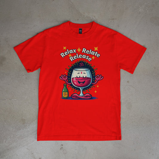 Relax, Relate, Release – Meditating Wine Glass Tee