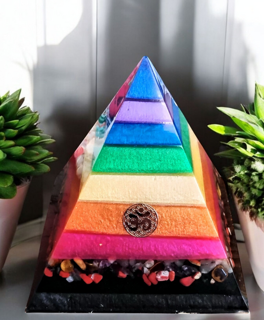 Chakra Rainbow Orgone Pyramid – Energy Balancing & Healing Crystal Decor