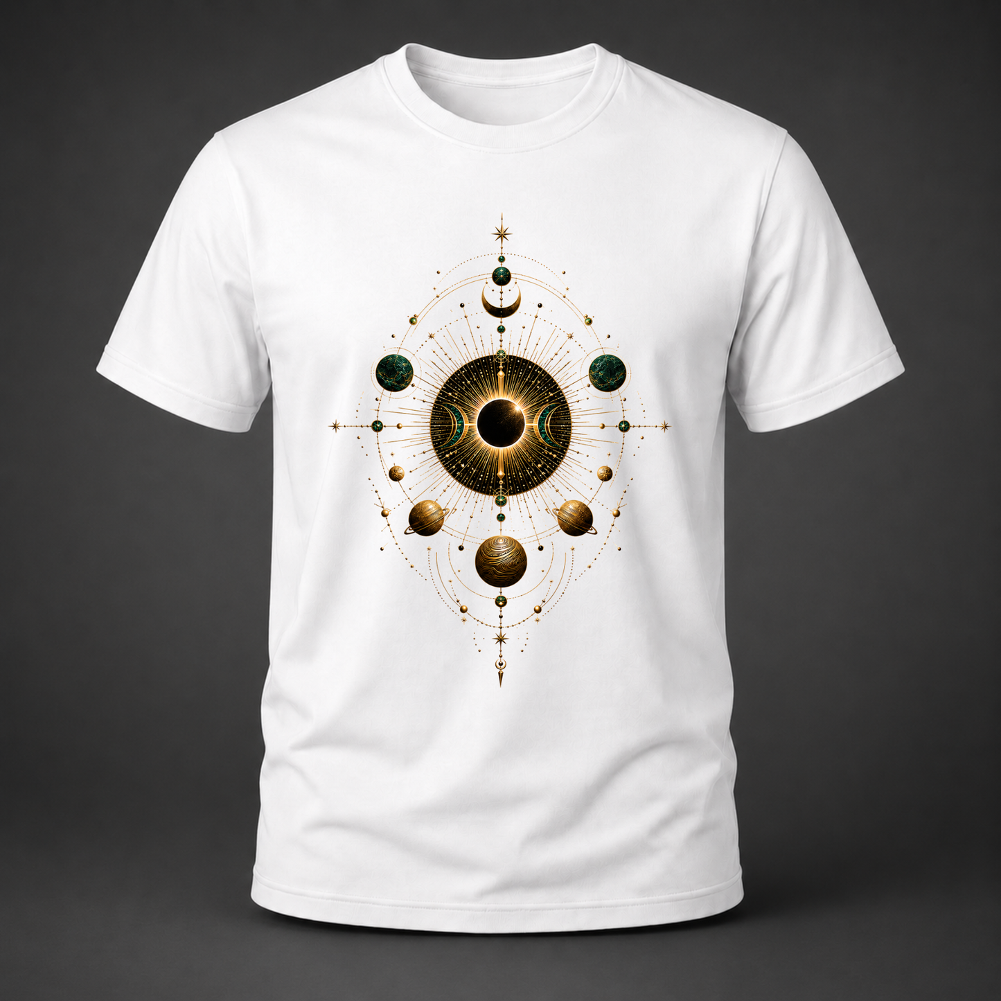 Celestial Alignment Gold & Emerald Cosmic T-Shirt