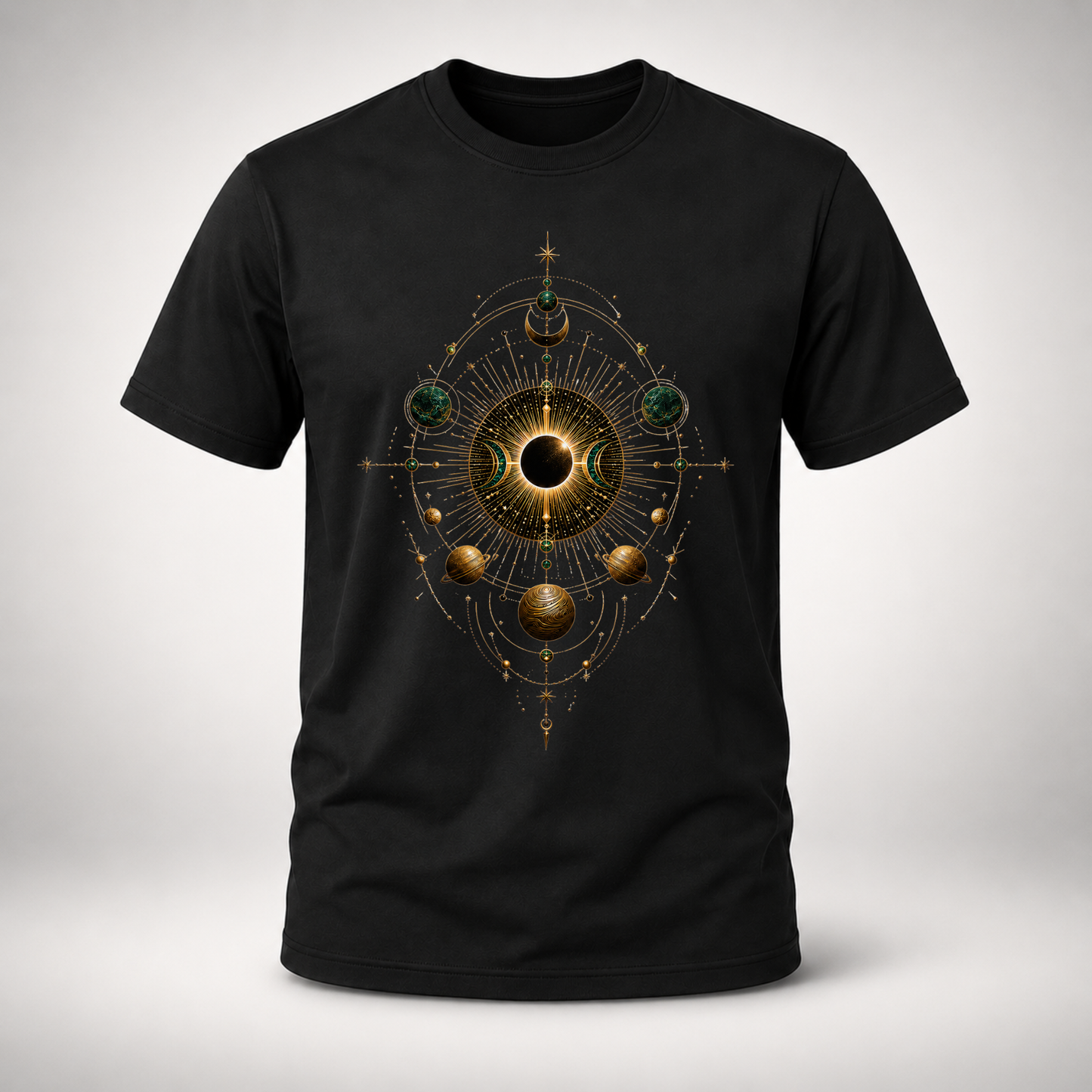 Celestial Alignment Gold & Emerald Cosmic T-Shirt